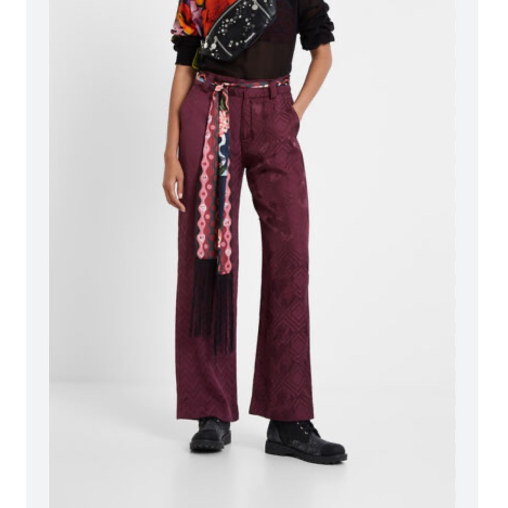 Desigual deep purple printed trousers with belt nwt 46